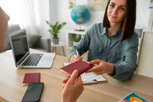Visa consultant handing passport to student, symbolizing successful application and the latest student visa updates for international education.